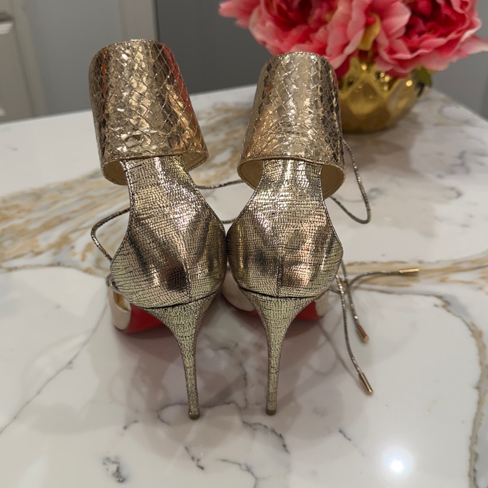 Christian Louboutin Metallic Gold Lace-Up Heels - Picture 3 of 5